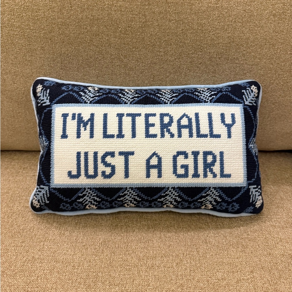 I’m Literally Just A Girl Needlepoint Cross-stitch Blue White Pillow Brand New